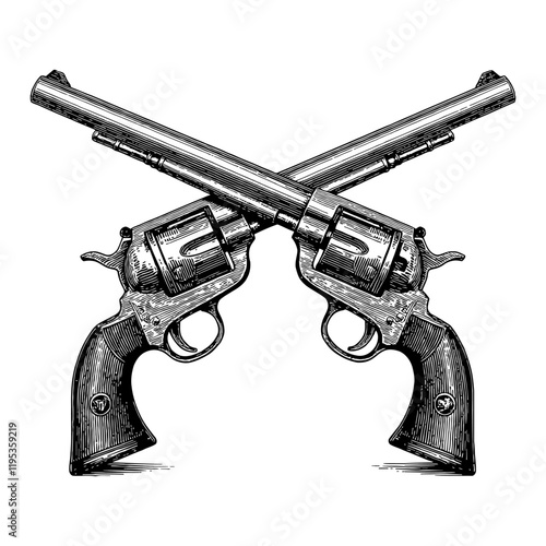 Two Crossed Revolver Detailed Black and White Outline Line Art Drawing Vector Illustration