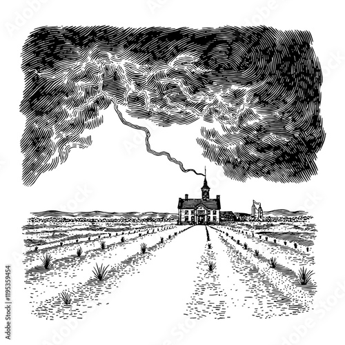 Dark Sky with Lightning Strike on a House in Black and White Outline Line Art Drawing