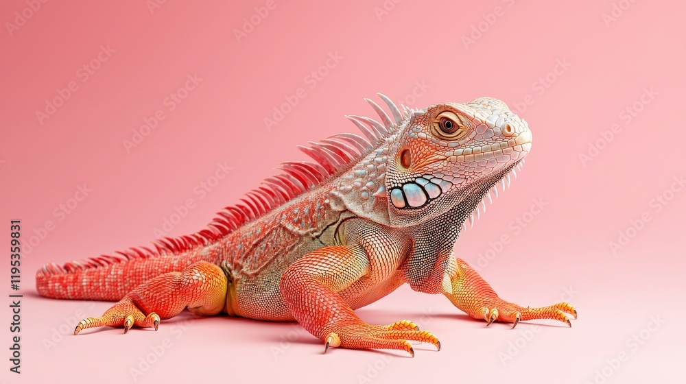 Fototapeta premium A vibrant iguana sits gracefully against a soft pink backdrop, showcasing its intricate scales and unique colors, perfect for wildlife enthusiasts.