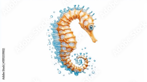 A vibrant illustration of a seahorse surrounded by bubbles, showcasing its intricate body and graceful curves, representing the beauty of ocean life. photo