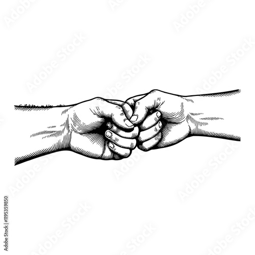 Fist Bump of Two Hands Close Up Black and White Outline Line Art Drawing with Detail