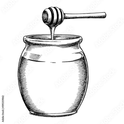 Honey Dipper Above Jar with Dripping Honey Black and White Outline Line Art Drawing