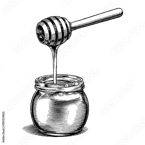 Honey Dipper Pouring Honey Into Jar Black and White Outline Line Art Drawing Detailed Illustration