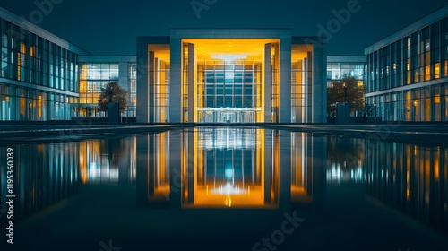 An iconic image of the German Chancellery building illuminated at night with its reflection in a still pool.