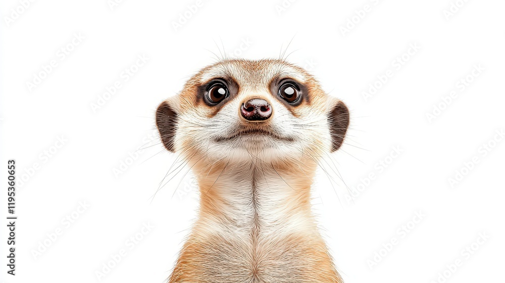 Fototapeta premium A whimsical portrait of a meerkat, showcasing its curious expression and distinct features, perfect for wildlife enthusiasts and nature photography lovers.