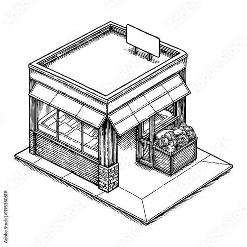 Simple Minimarket Building with Isometric View Black and White Outline Line Art Drawing