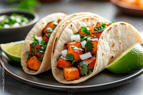 Deliciosos tacos al pastor con cebolla y cilantro en un plato con limón fresco photo