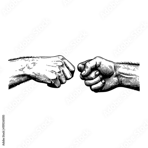 Two Hands Fist Bump Close Up Black and White Outline Line Art Drawing Detailed