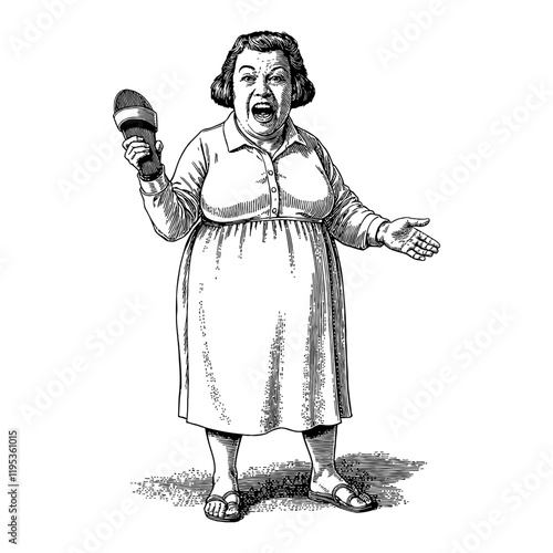 Very Angry Asian Mom Holding Sandal With Outraged Expression Black and White Outline Line Art Drawing