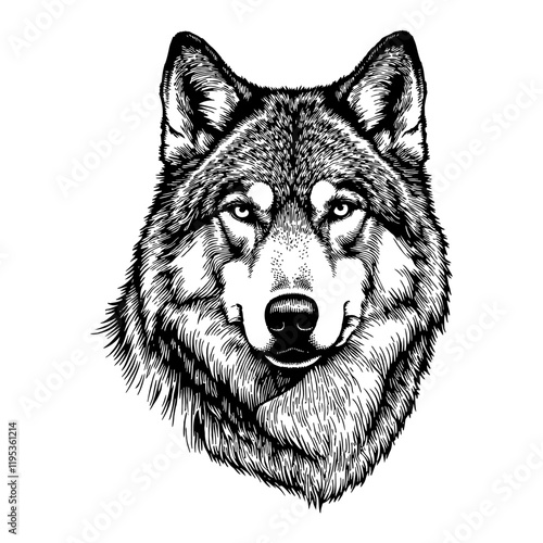 Detailed Wolf Head Portrait in Black and White Outline Line Art Drawing of a Wild Animal
