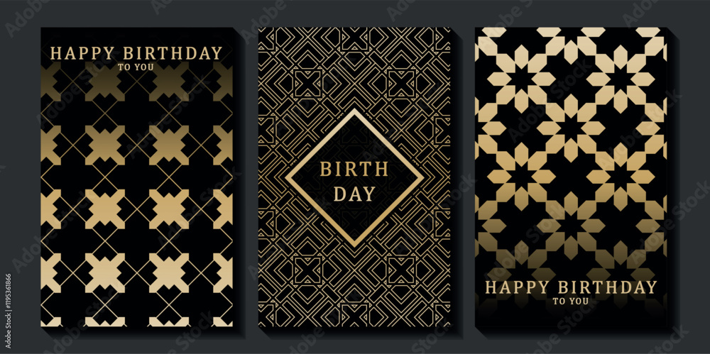 Obraz premium Set of luxury birthday cards on a black background. Modern gold and black design. Golden elegant geometric pattern, gold line on dark background. Premium design illustration for birthday party.