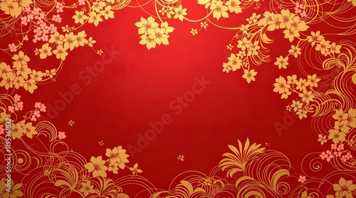 Intricate Traditional Japanese Style Wallpaper Mural with Cherry Blossom Trees, Clouds, and Palm Leaves for Elegant Interior Design.