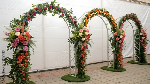 Fototapeta Naklejka Na Ścianę i Meble -  Set of flower arches on a transparent background. The concept of plants, celebration and design.