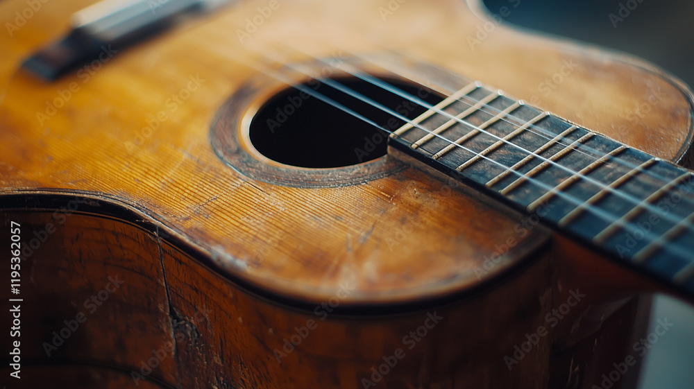 Fototapeta premium beautifully crafted wooden guitar with intricate details and warm, rich tone, showcasing its elegant design and craftsmanship. close up view highlights strings and body texture