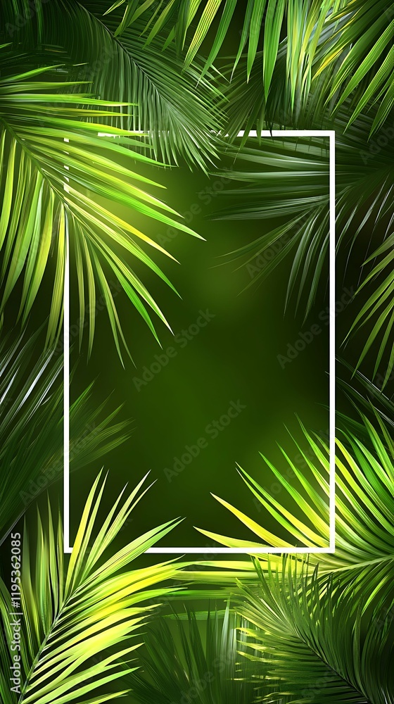 3D rendered image of a tropical plant Monstera and palm are placed in the background, and a glass frame is placed so that products and text can be placed., vertical 3D rendered image of a tropical plant Monstera and palm are placed in the background, and a glass frame is placed so that products and text can be placed., vertical