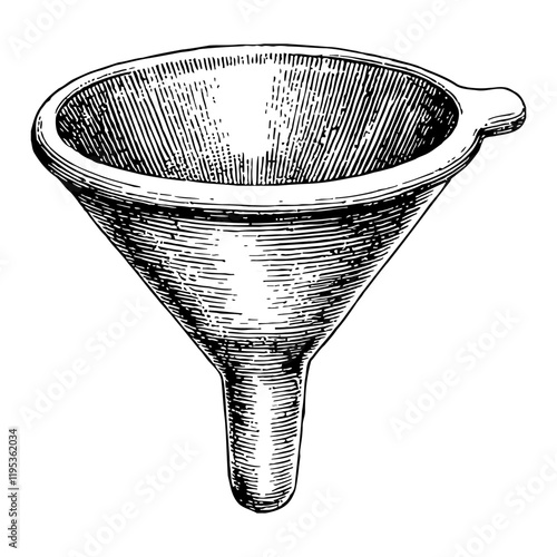 Isolated Funnel Detailed Black and White Outline Line Art Drawing with Engraved Vintage Style