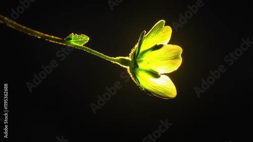 A luminous, backlit single flower with four petals against a dark, contrasting background photo