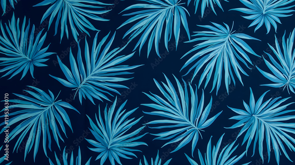 A blue palm leaf motif, its fronds swirl in the wind to create an abstract pattern on a dark fabric background, perfect for beachwear or nautical decor with a tropical feel. A blue palm leaf motif, its fronds swirl in the wind to create an abstract pattern on a dark fabric background, perfect for beachwear or nautical decor with a tropical feel.