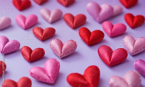Colorful fabric hearts arranged on a purple backdrop perfect for decoration or crafts. Valentine’s Day, date, engagement, love, wedding, background