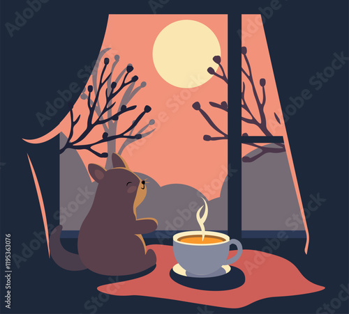Cute illustration. Chinchilla with a cup of coffee on the background of the window at sunset.