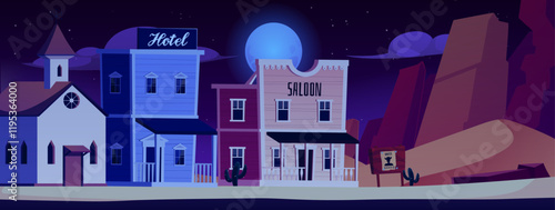Old western town. Night landscape. Wild West.