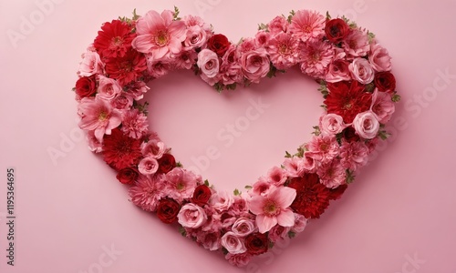 Heart-shaped floral arrangement featuring pink and red blossoms for romantic occasions and celebrations. Valentine’s Day, date, engagement, love, wedding, background