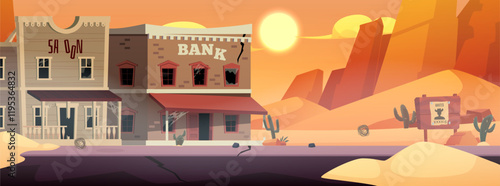 Old western town vector flat illustration, abandoned and destroyed Bank and saloon buildings from wild west desert