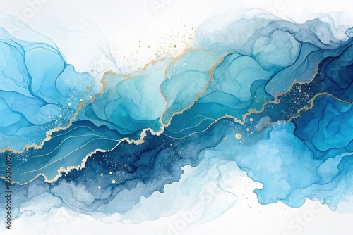 Abstract Blue and Gold Ink Wash Painting Fluid Art with Swirling Ocean Hues and Metallic Accents photo