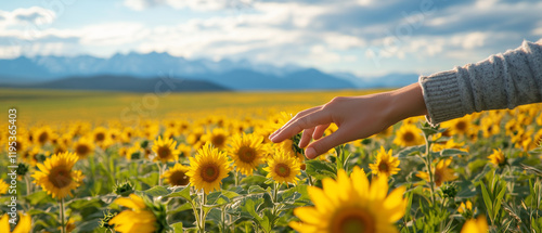 hand gently touches vibrant sunflower in vast field under clear blue sky, with mountains in background, evoking sense of peace and connection with nature photo