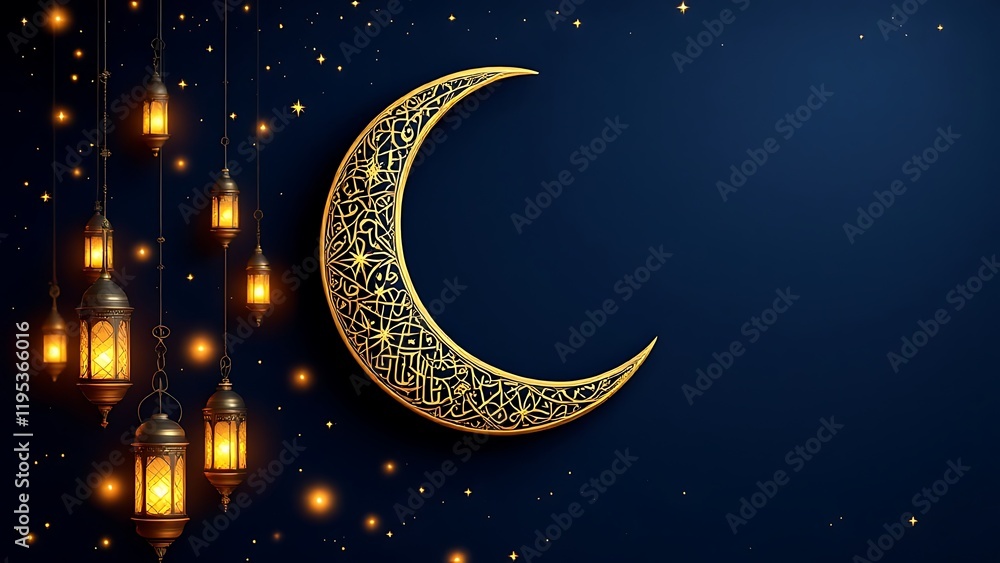 Fototapeta premium Elegant Golden Crescent Moon with Lanterns—Ramadan and Eid background 