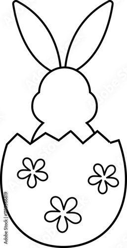 Bunny Emerging from Easter Egg outline.
Easter Rabbit sitting in eggshell coloring page.
Bunny sitting in cracked eggshell.
Spring Easter Element.
Transparent background.