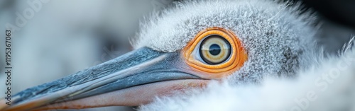 Close-up view of a pelican chick showcasing delicate features and vibrant eye during a sunny day photo