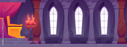 Vector interior of the castle with a throne, torches and curtains and ancient architecture.