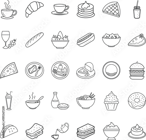 Breakfast, Lunch, Dinner, Dessert Food Icons Line Art Menu