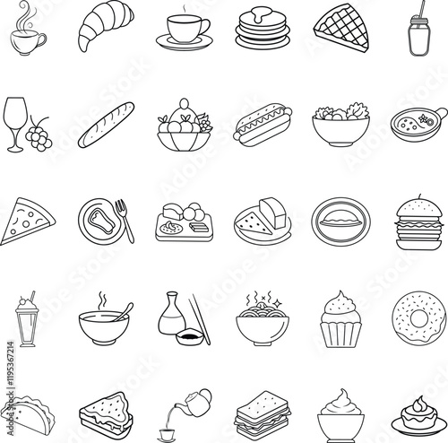 Breakfast, Lunch, Dinner, and Dessert Food Icons Line Art Menu