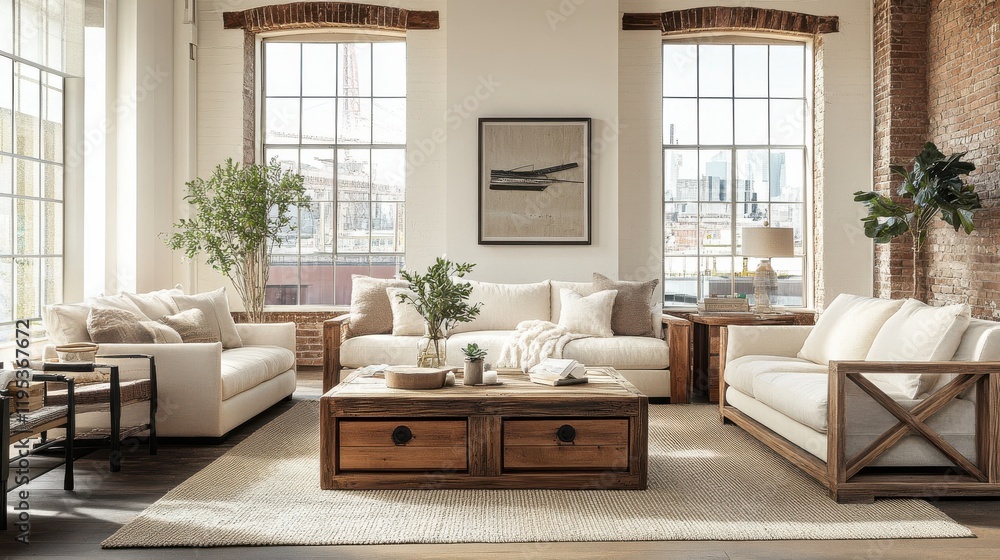 Fototapeta premium Stylish living room featuring comfortable furniture and large windows with a city view in a modern setting