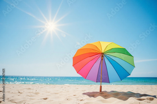 A colorful beach umbrella tilted toward the sun photo