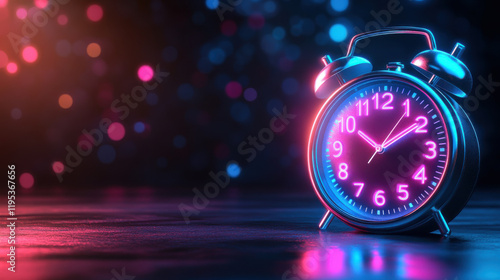 Colorful alarm clock with glowing lights and bokeh background, creating excitement photo