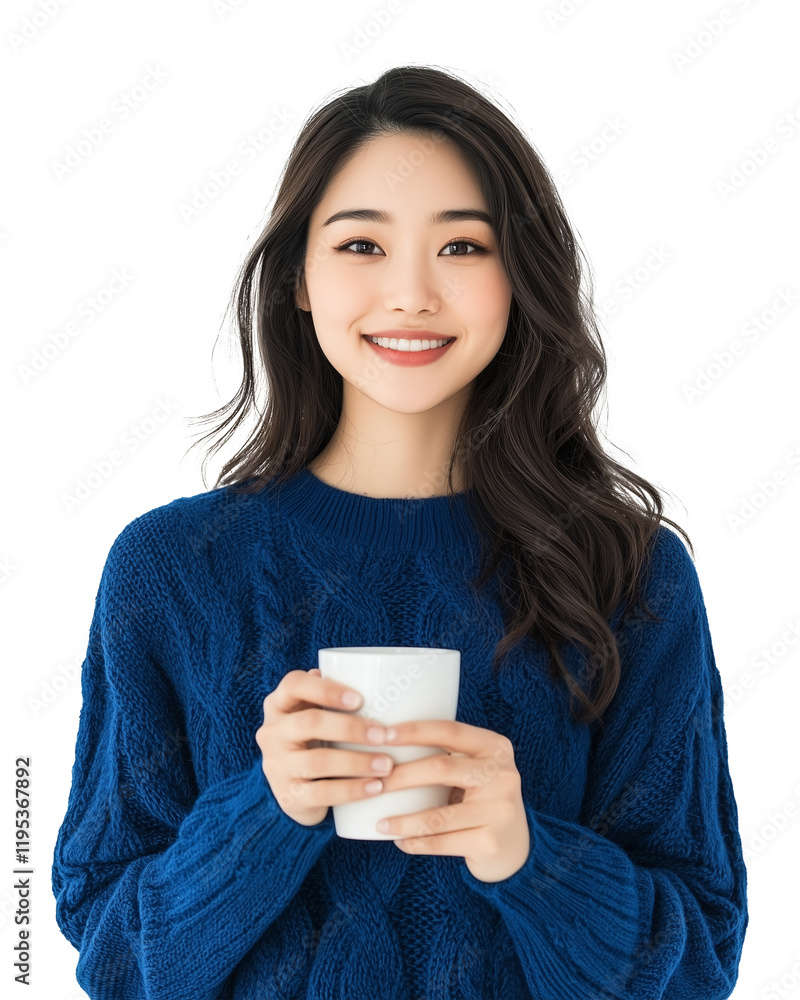 Asian woman smiling warmly while holding cup, wearing blue sweater Asian woman smiling warmly while holding cup, wearing blue sweater