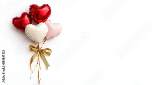 Cluster of Red and Pink Heart Balloons Tied Together with a Golden Ribbon