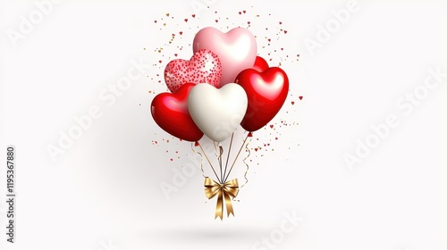 Cluster of Red and Pink Heart Balloons Tied Together with a Gold Ribbon