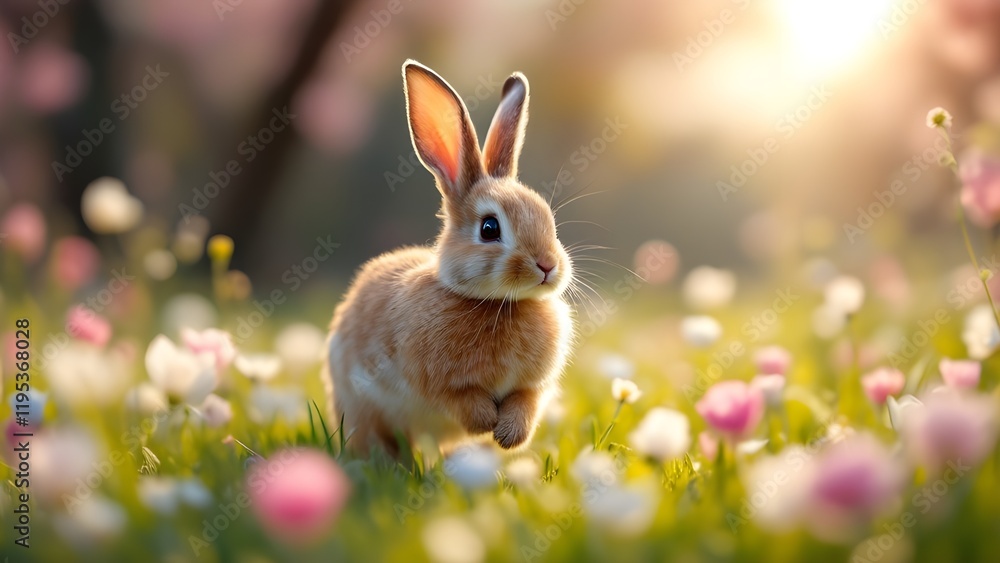 Obraz premium An Easter bunny hopping in a flower field with sunlight
