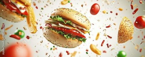 Delicious burger with toppings in mid-air.  Food photography for menu photo