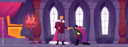 Throne room with king placed the sword on the shoulder of kneeling warrior, knighting, vector flat medieval kingdom