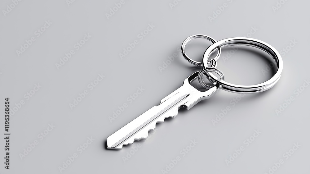 Silver Key with Keychain on Grey Background Silver Key with Keychain on Grey Background