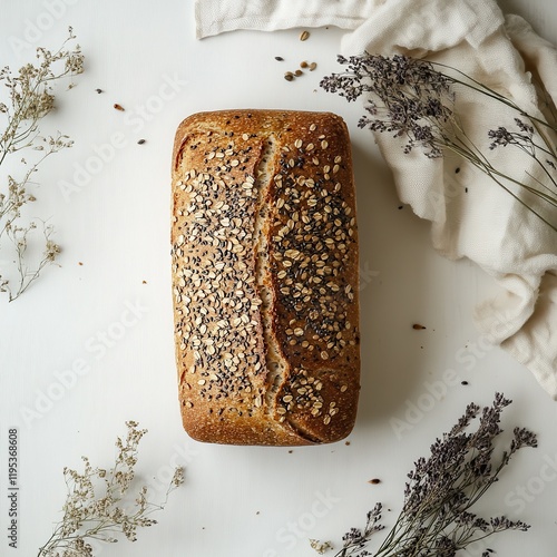 Freshly baked multigrain bread surrounded by delicate herbs on a light wooden surface photo