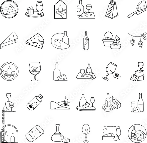 Wine and Cheese Pairing Icons, Bottles, Glasses, and Snacks