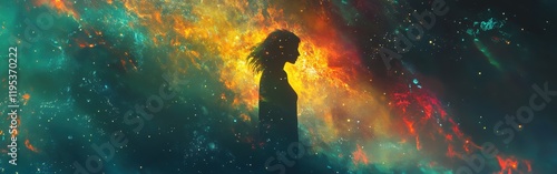 Conceptual representation of a woman's silhouette amidst a colorful cosmic backdrop symbolizing creativity and introspection