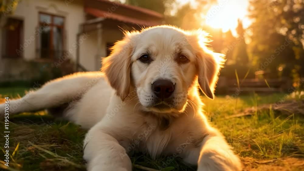 White puppy retriever resting on the green lawn in front of the house at sunset. White puppy retriever resting on the green lawn in front of the house at sunset.