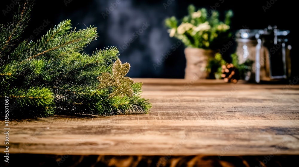 Fototapeta premium Rustic Christmas Fir Branches on Wooden Table Background